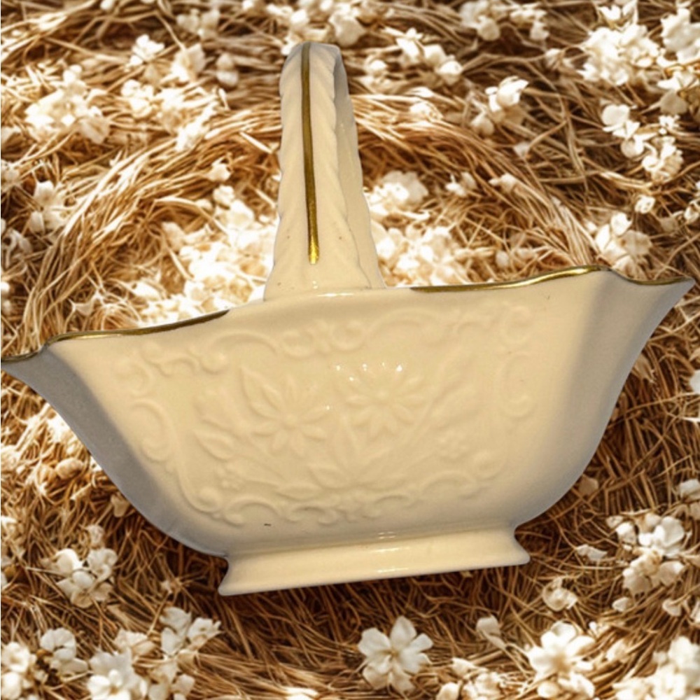Vintage Lenox Ivory Porcelain Handled Basket Gold Trim Embossed Floral Motif